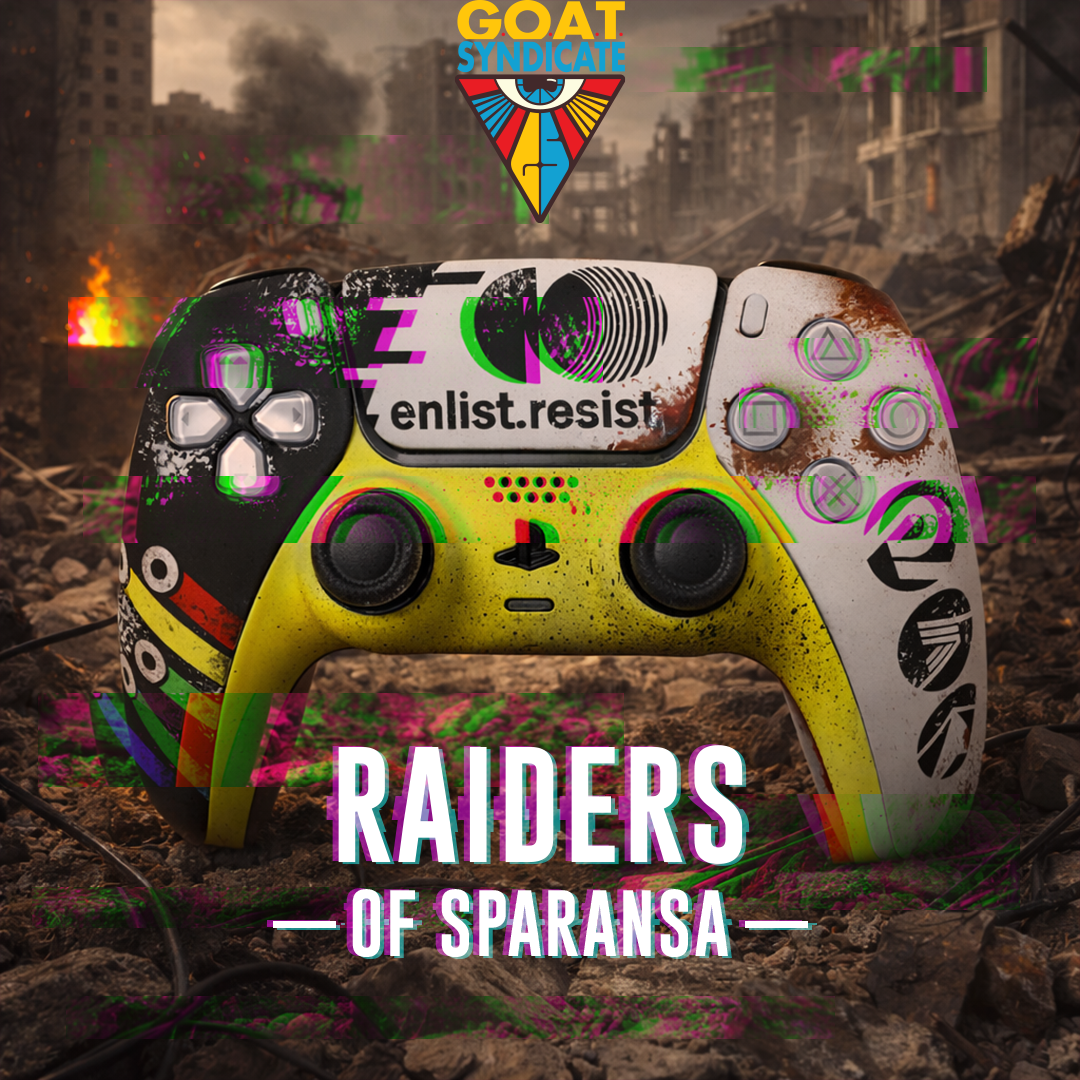 Colorful gaming controller with 'enlist.resist' branding against a post-apocalyptic background.