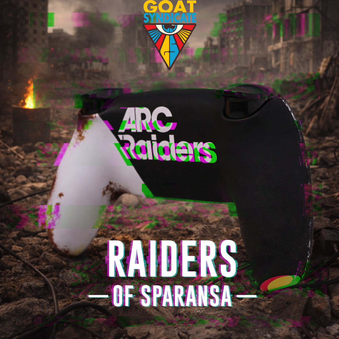 Black and white backpack with 'Arc Raiders' text on a post-apocalyptic background