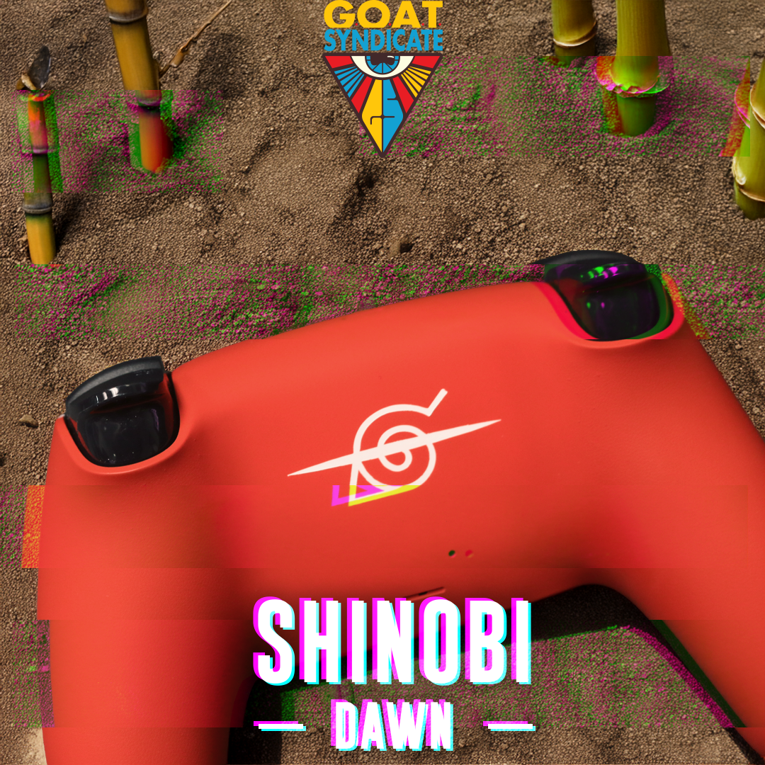 Red gaming controller with 'Shinobi Dawn' design on a desert-like background with 'GOAT Syndicate' logo.