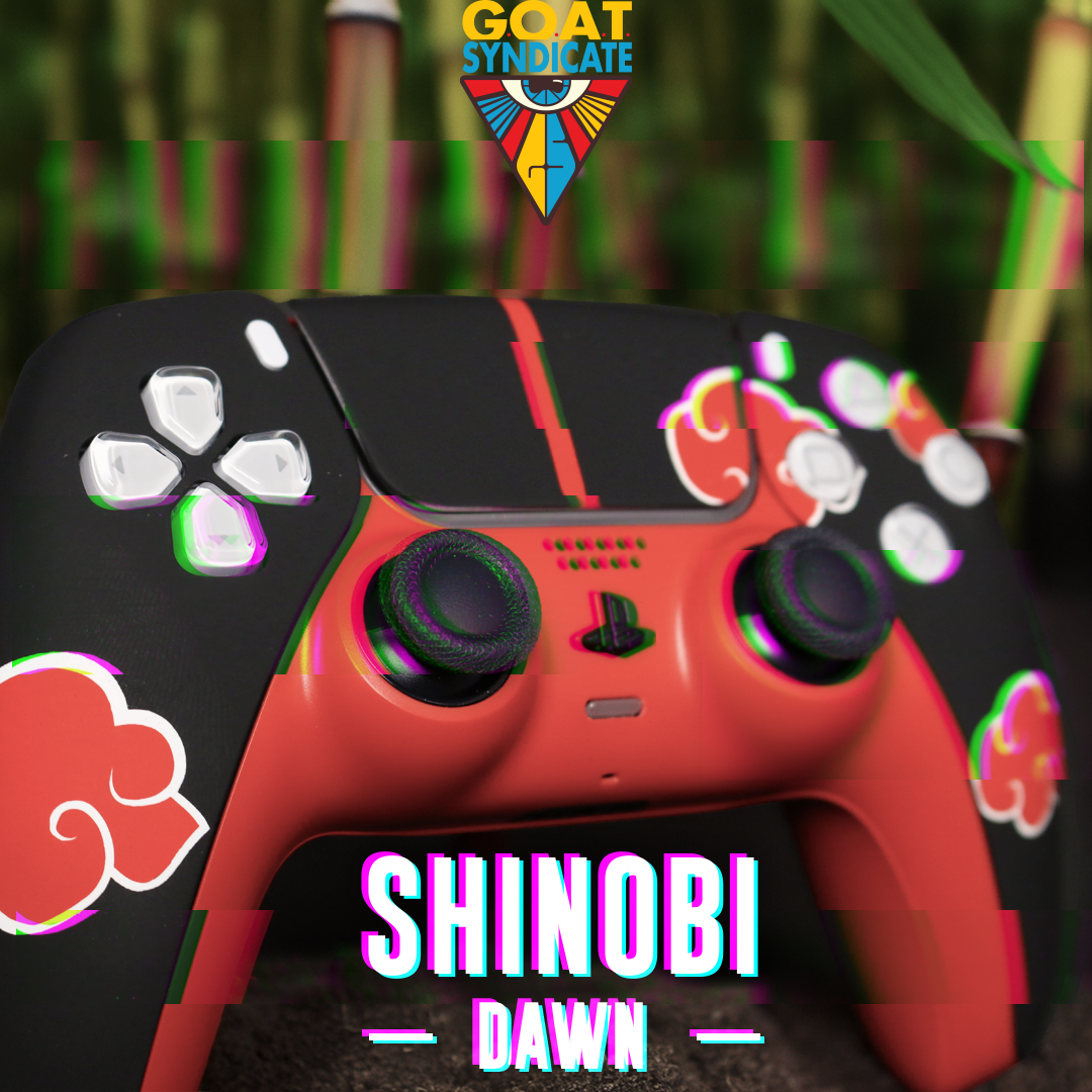 Gaming controller with red and black design, featuring cloud patterns and 'Shinobi Dawn' text, with 'GOAT Syndicate' logo in the corner.