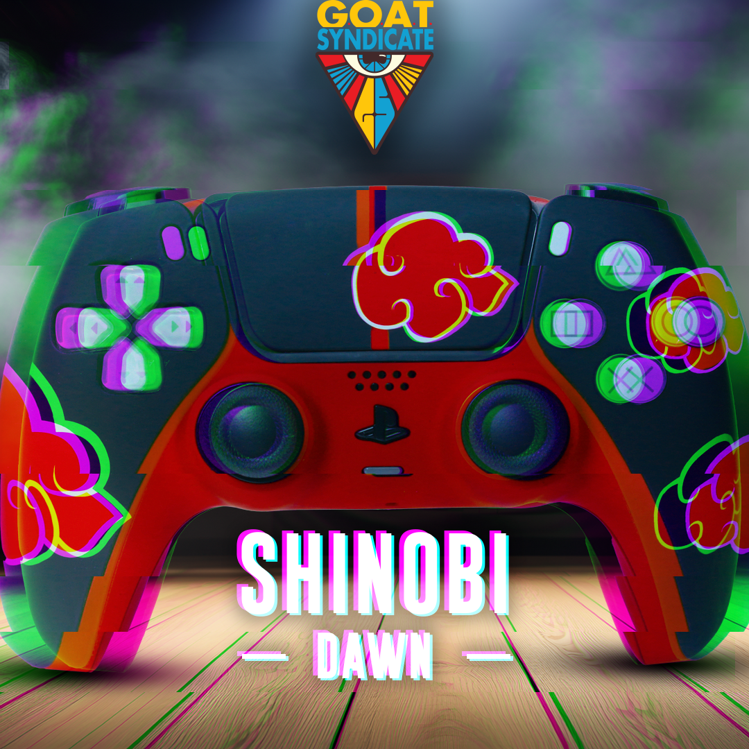 Colorful gaming controller with 'Shinobi Dawn' design and 'GOAT Syndicate' logo.