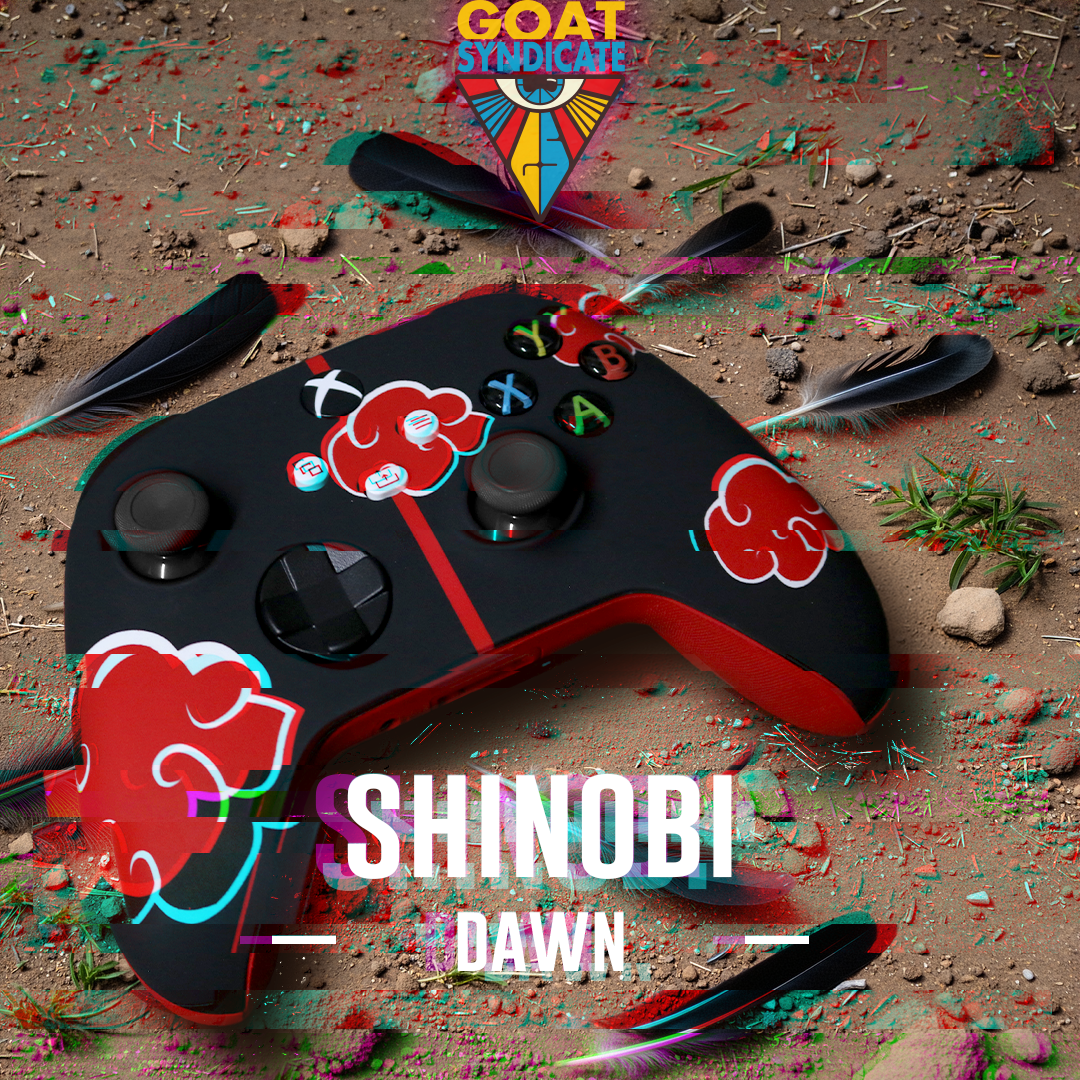 Game controller with 'Shinobi Dawn' design on a desert-like background with feathers and rocks.