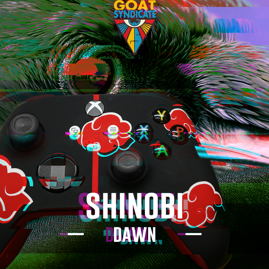 Gaming controller with colorful design and 'Shinobi Dawn' text on a vibrant background