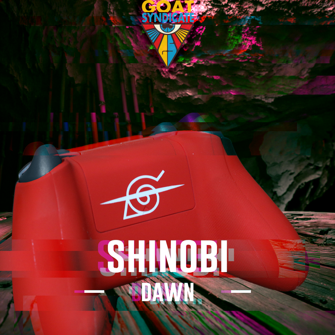 Red vehicle with 'Shinobi Dawn' branding in a colorful, abstract setting