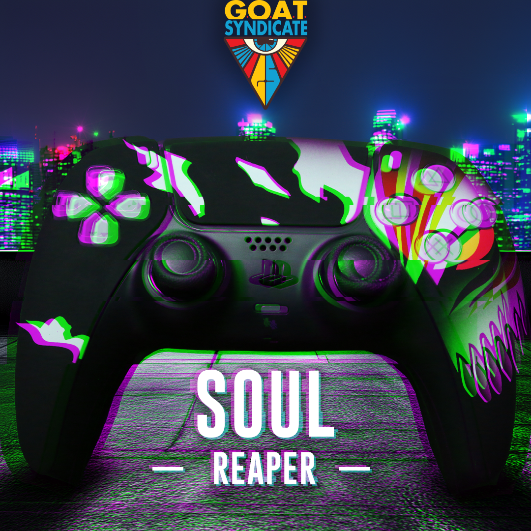Gaming controller with colorful design and 'Soul Reaper' text, set against a cityscape at night.