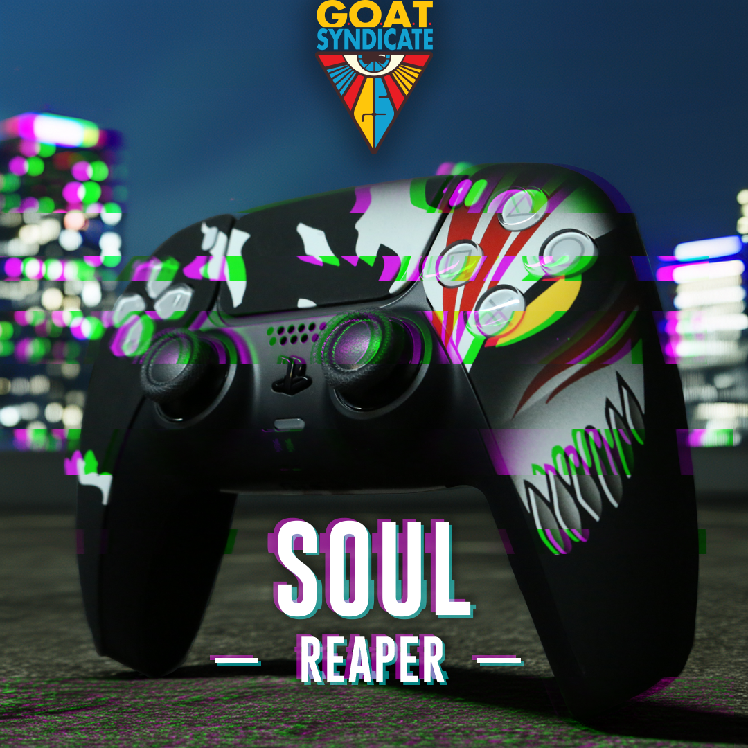 Gaming controller with 'Soul Reaper' design and 'GOAT Syndicate' logo in the background.