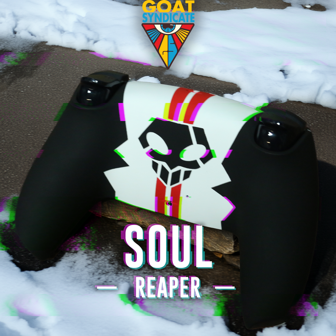 Black gaming controller with colorful design and 'Soul Reaper' text, branded with 'GOAT Syndicate'.