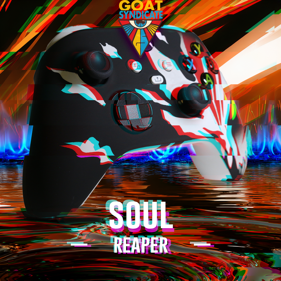 Colorful gaming controller with 'GOAT Syndicate' and 'Soul Reaper' text on a vibrant background.