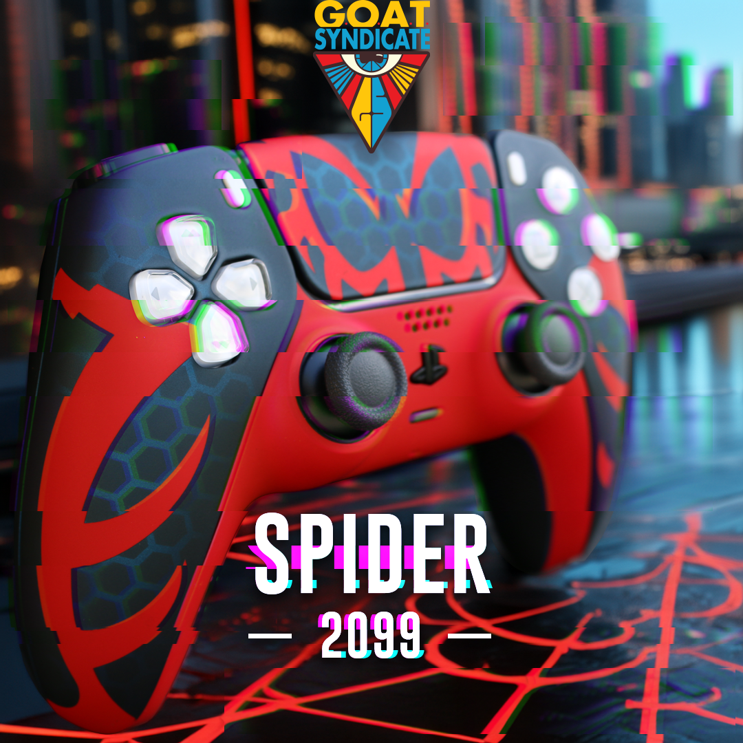 Colorful gaming controller with spider design and 'GOAT Syndicate' logo in the background