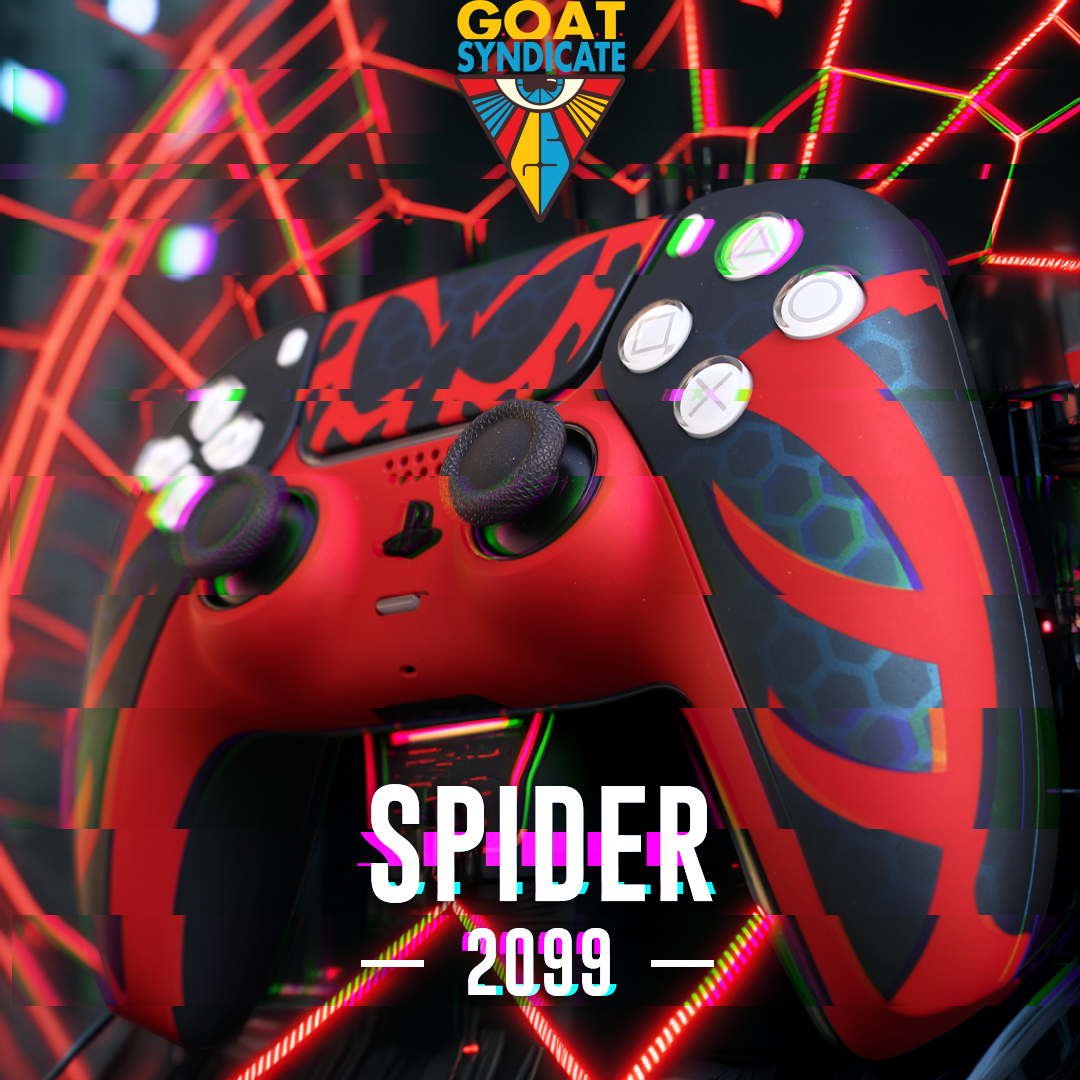 Glossy red and black gaming controller with spider design on a colorful background, featuring 'GOAT Syndicate' logo.