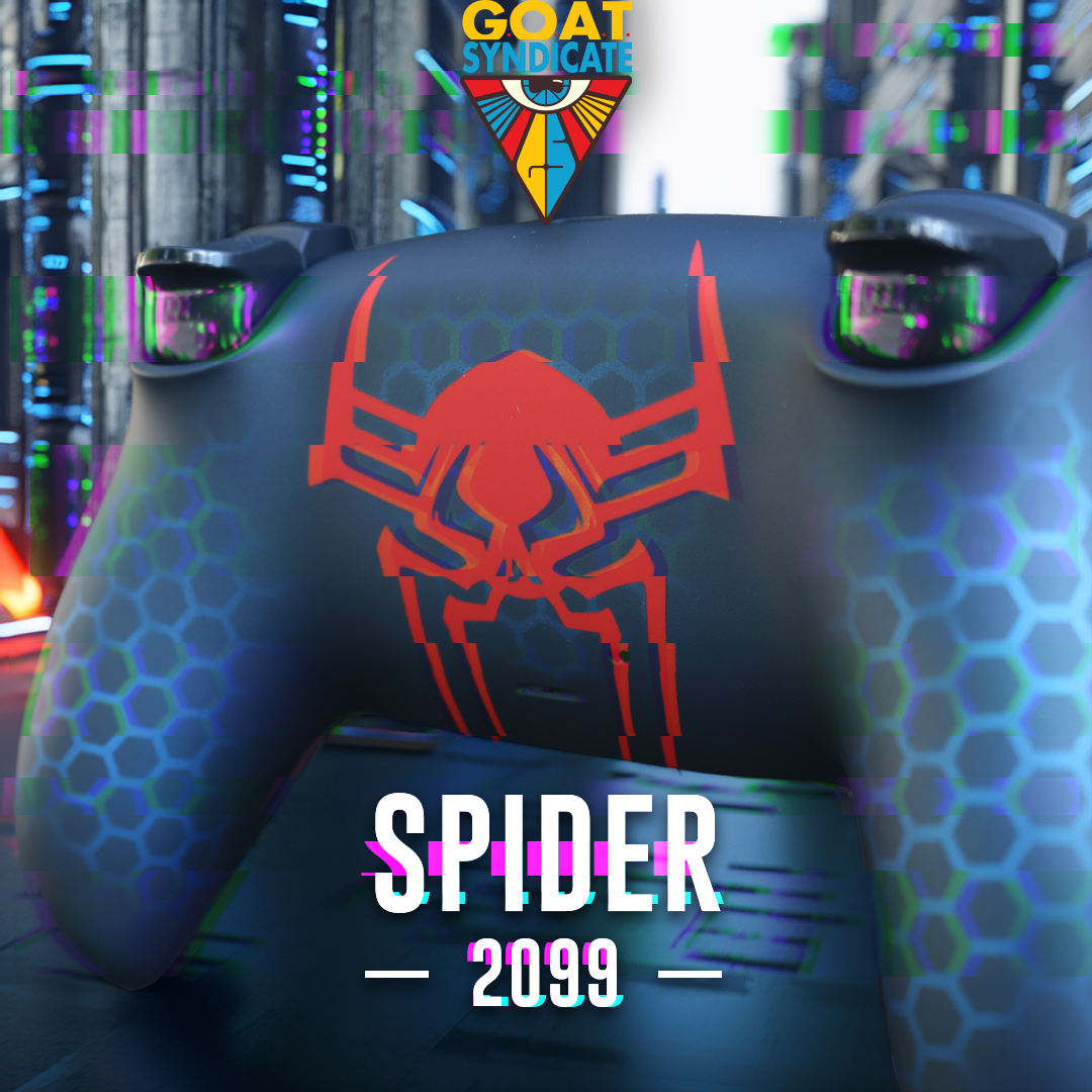 Gaming controller with spider design and 'GOAT Syndicate' logo in the background