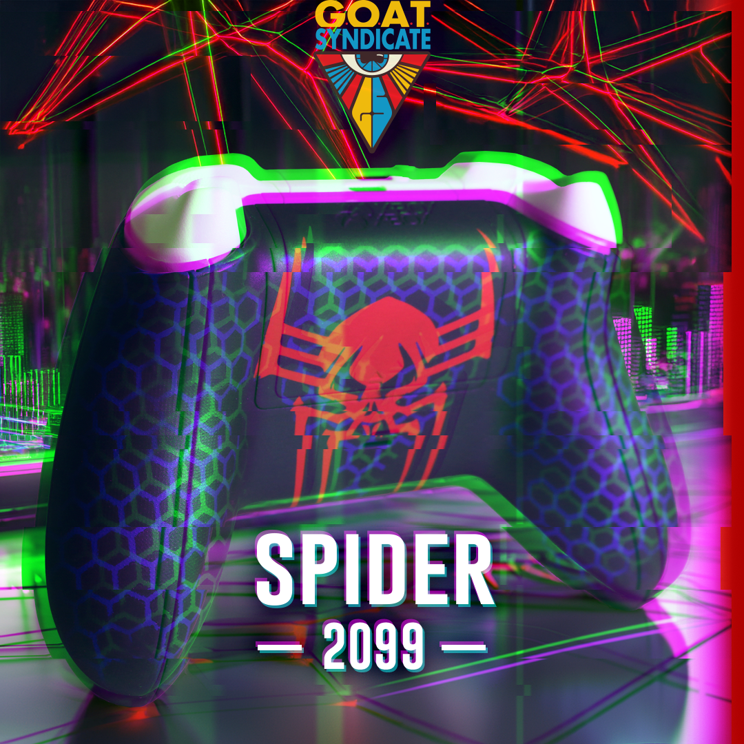 Gaming chair with spider design and 'GOAT Syndicate' branding in a futuristic setting.