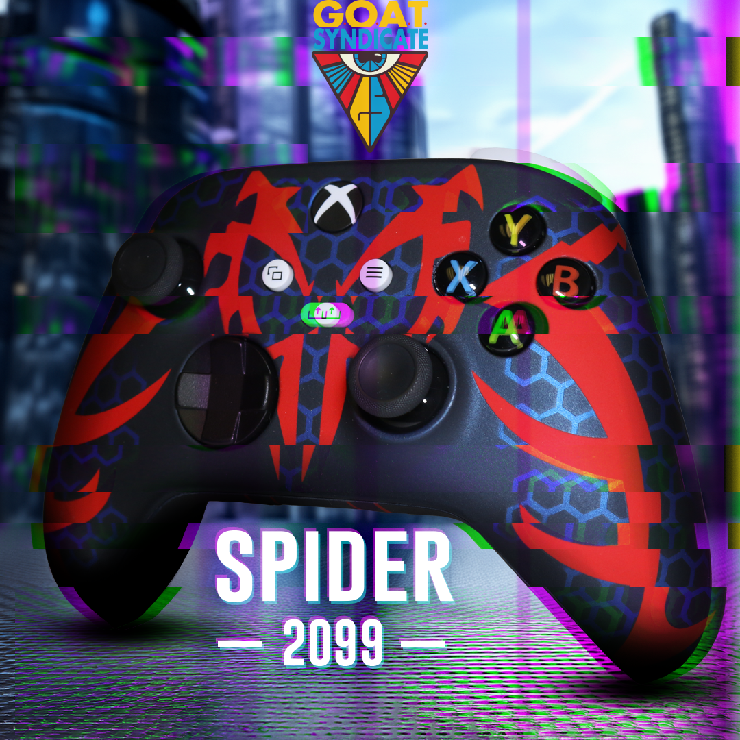 Gaming controller with spider design and 'GOAT' logo in the background