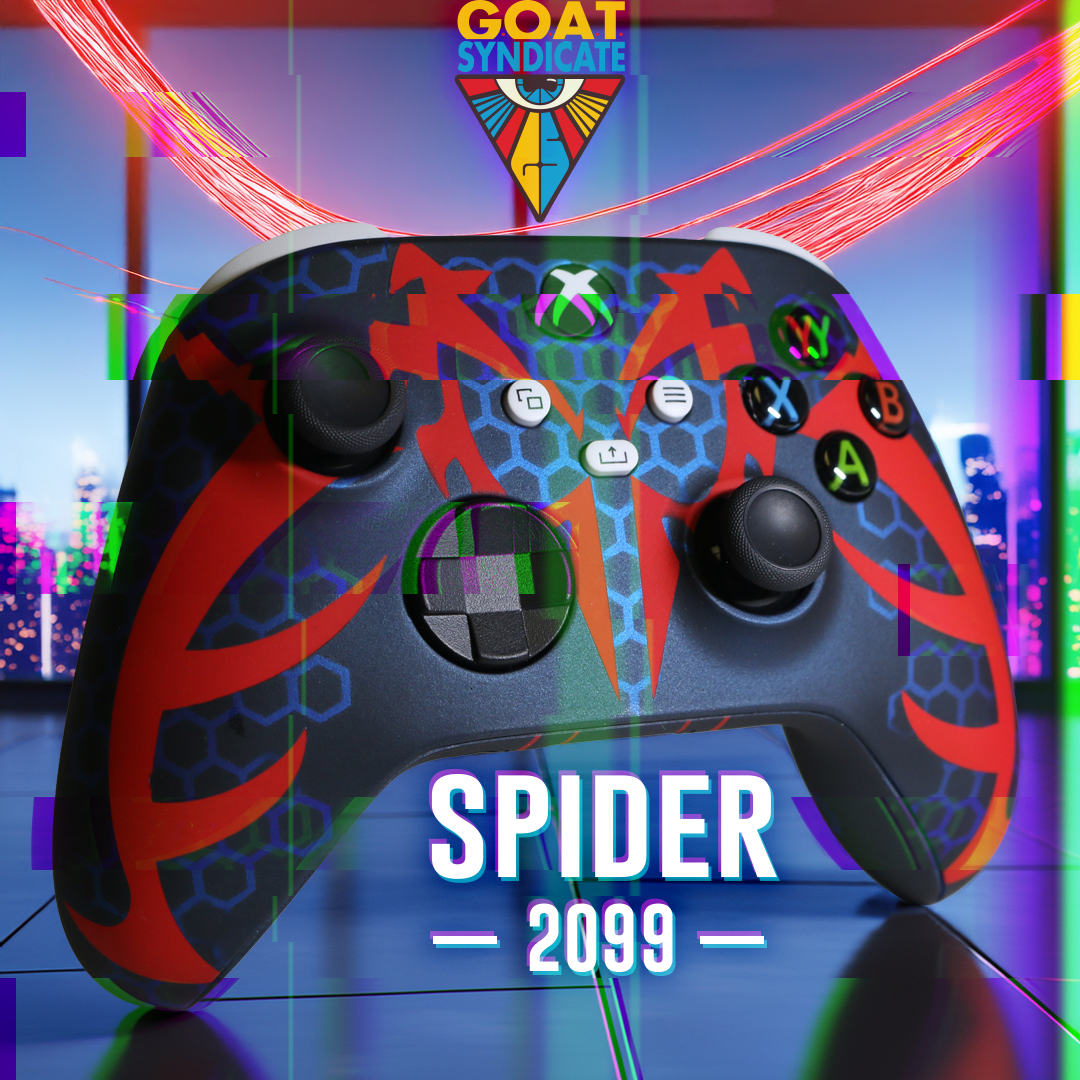 Colorful gaming controller with 'Spider 2099' design on a vibrant background