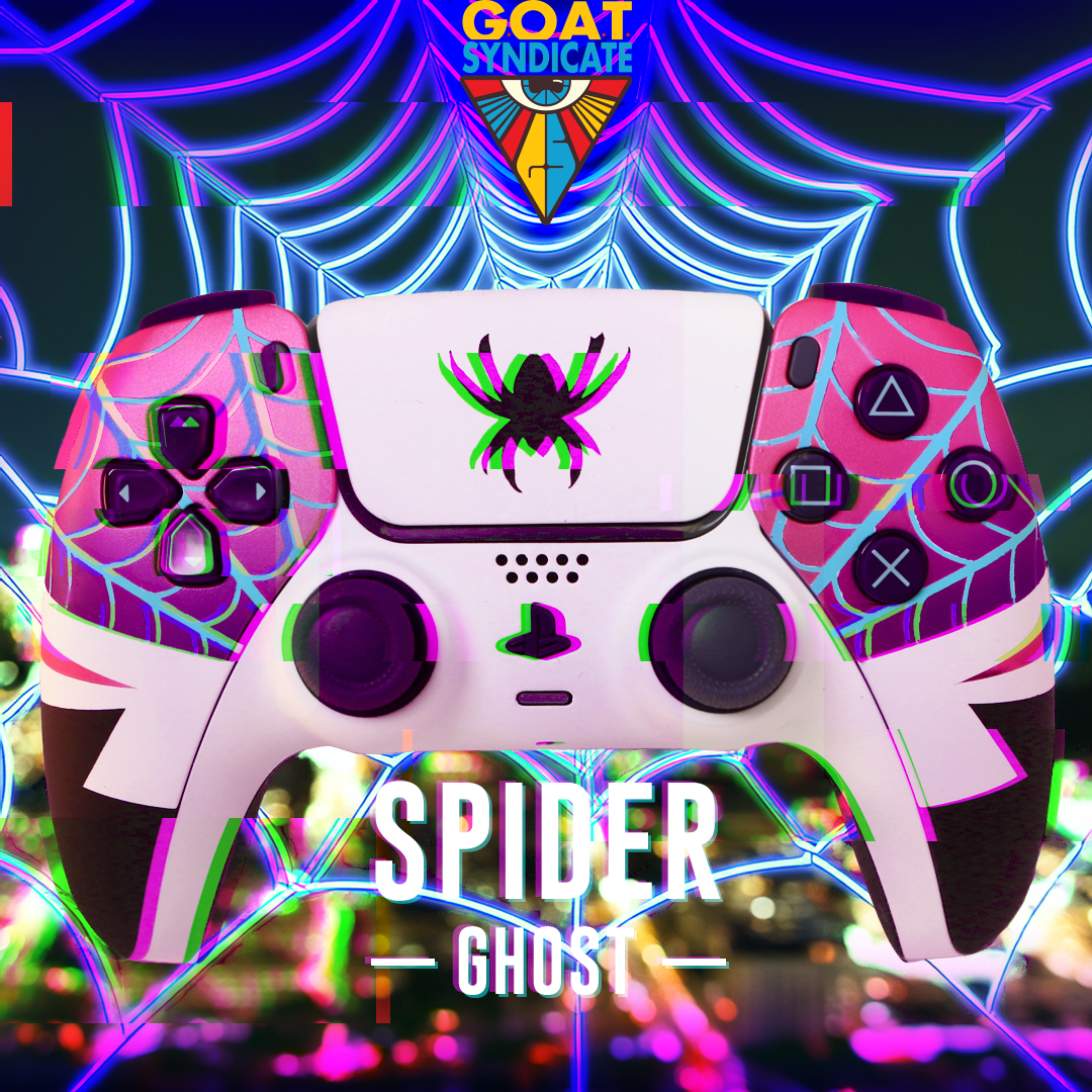 Pair of gaming controllers with spider-themed design on a vibrant, neon-lit background.