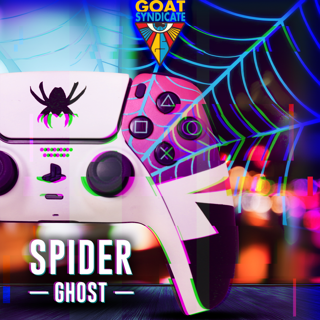 Colorful gaming controller with spider design and 'GOAT Syndicate' logo on a blurred colorful background
