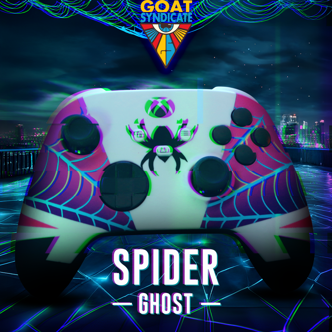 Colorful gaming controller with 'Spider Ghost' design on a vibrant background, featuring the Goat Syndicate logo.
