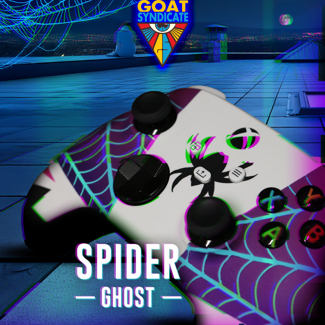 Gaming controller with Spider-Ghost design on a rooftop at night, featuring the Goat Syndicate logo.