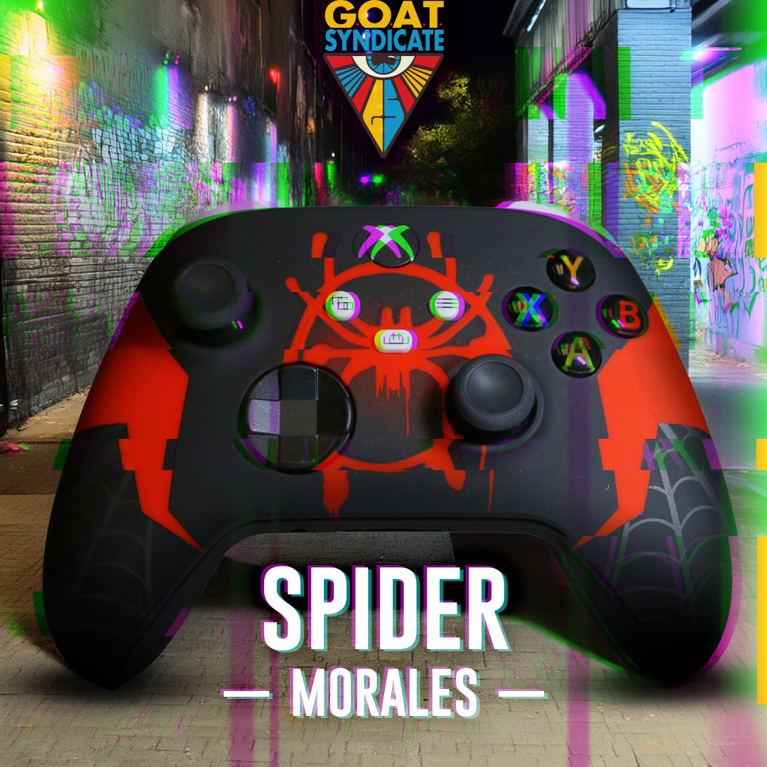 Custom gaming controller with spider design in front of a colorful graffiti wall