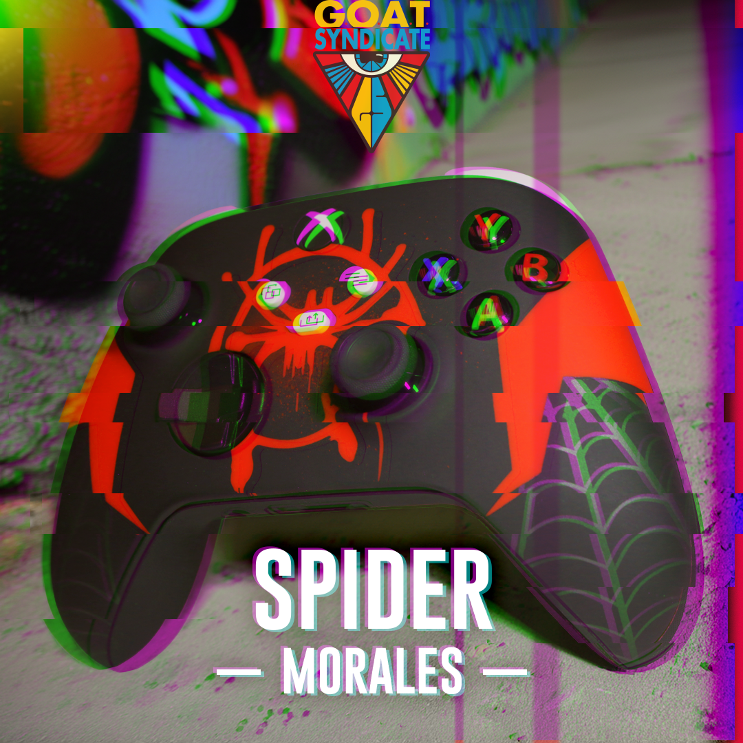 Gaming controller with spider design and 'GOAT Syndicate' branding on a colorful background
