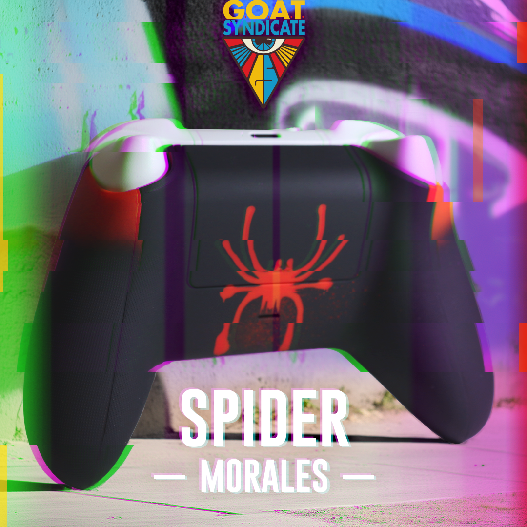 Gaming controller with spider design and colorful background
