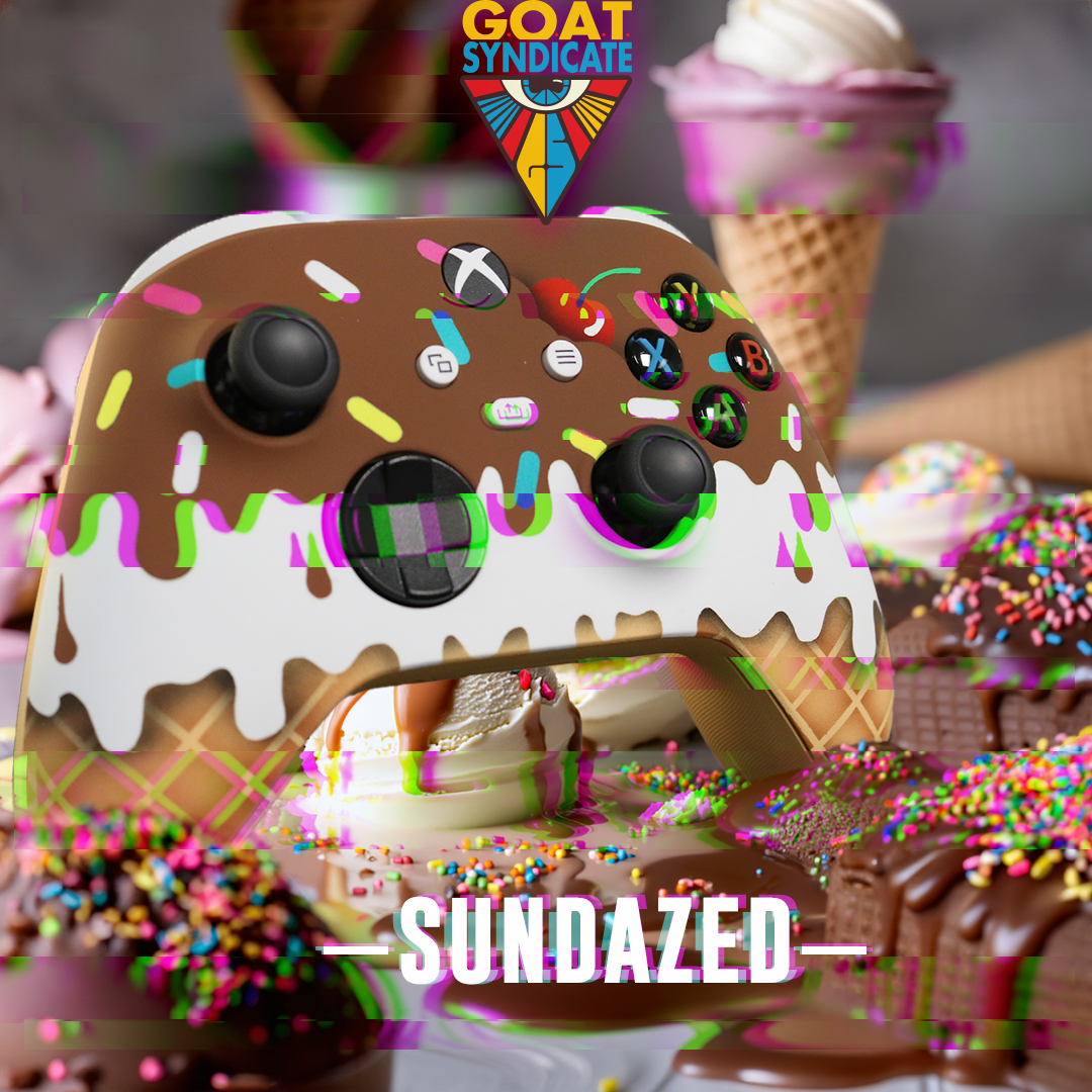 Colorful ice cream cone-shaped controller with 'GOAT SYNDICATE' logo and 'SUNDAZED' text.