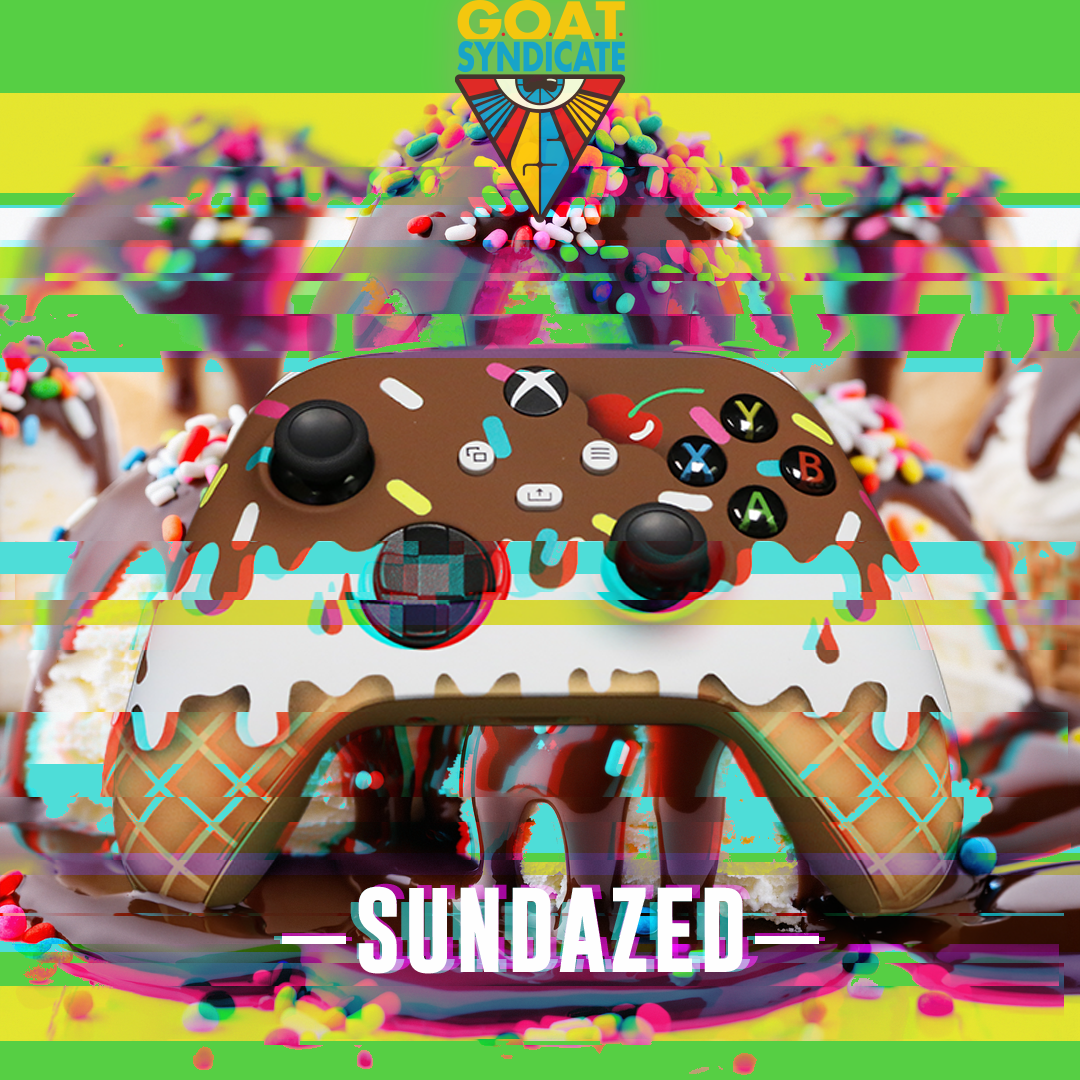 Colorful gaming controller with donut design on a multicolored background, featuring the 'GOAT Syndicate' logo.