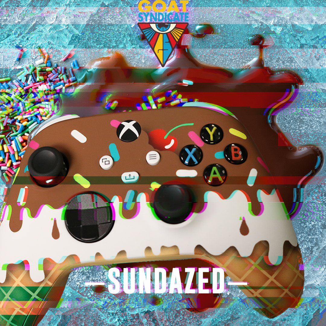 Colorful gaming controller with 'Sundazed' text and 'GOAT Syndicate' logo on a textured background