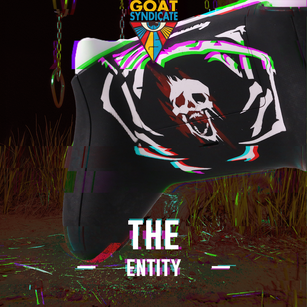 Black shoe with a colorful design and 'GOAT Syndicate' branding on a dark background.