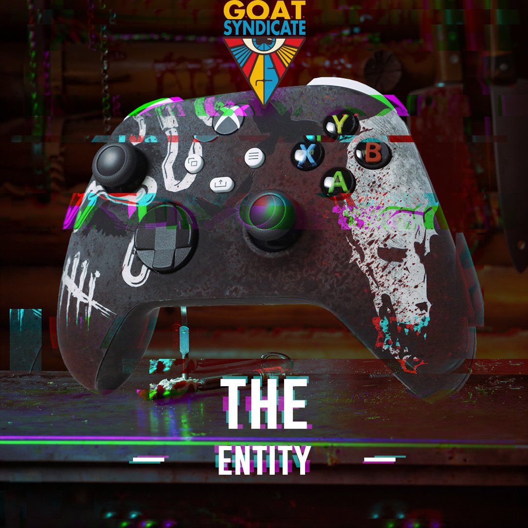 Customized gaming controller with 'GOAT Syndicate' logo and 'The Entity' text on a dark background.