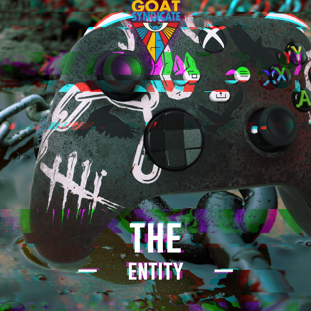 Gaming controller with colorful stickers and text overlay on a dark background