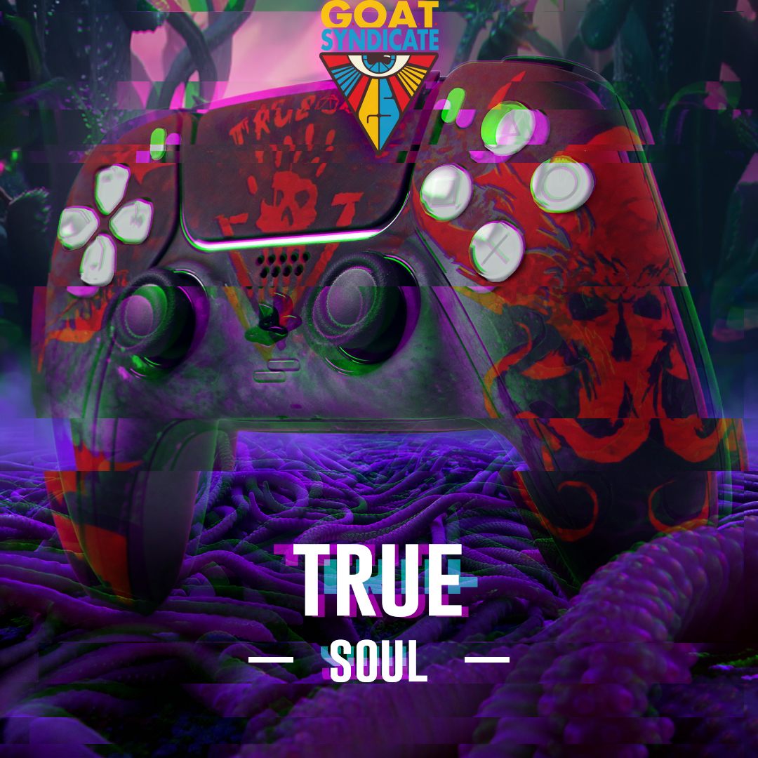 Colorful gaming controller with 'GOAT Syndicate' logo and 'True Soul' text on a dark background.