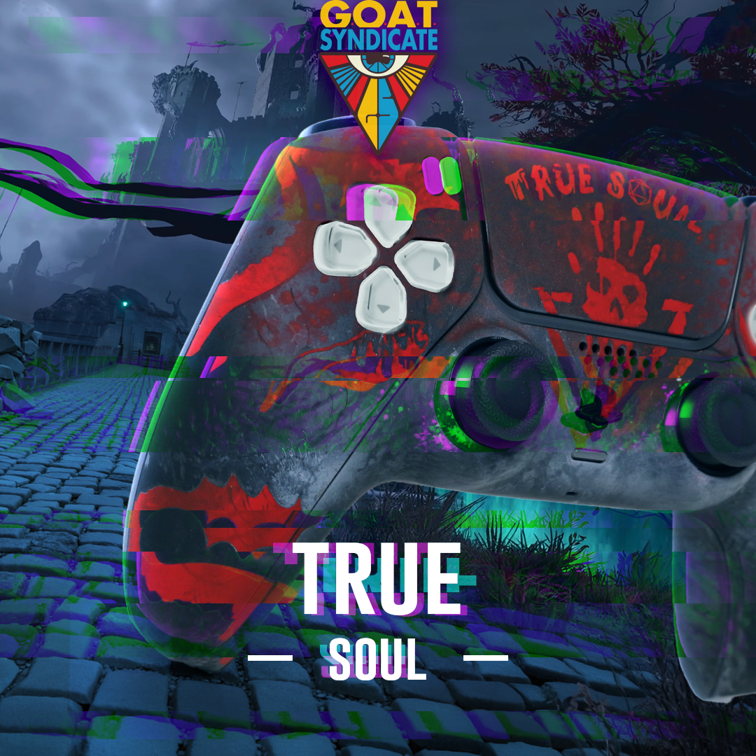Colorful gaming controller with 'True Soul' text, set against a dark, stylized game world background.