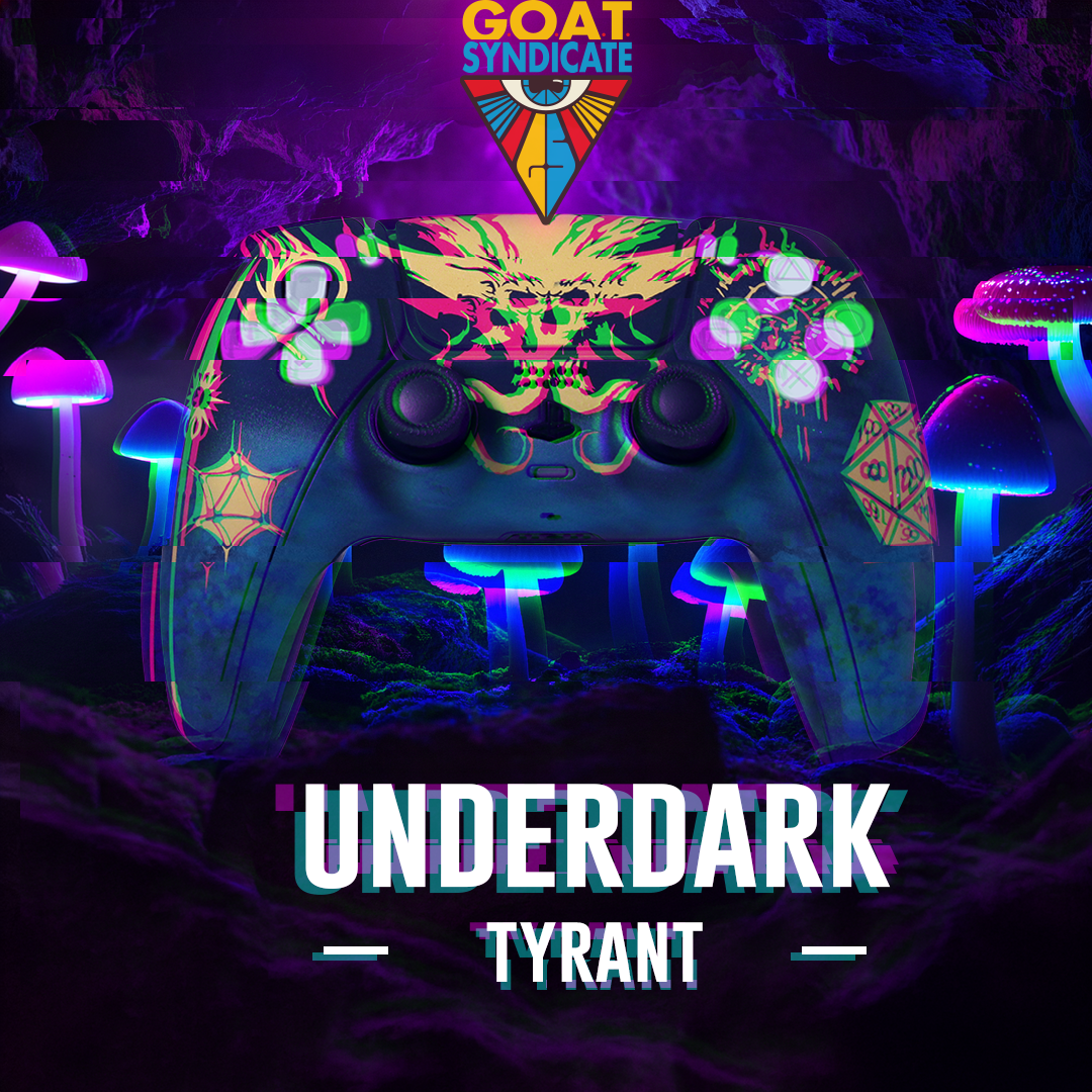 Gaming controller with colorful design and 'GOAT Syndicate' branding in a dark, mushroom-themed setting.