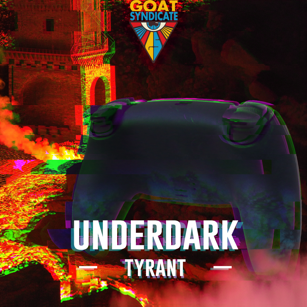 Colorful, stylized image with 'GOAT Syndicate' logo and text 'UNDERDARK TYRANT' over a dark background.