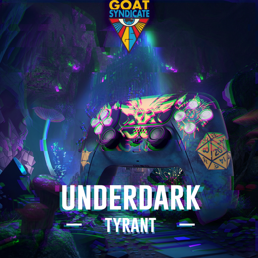 Gaming controller with colorful design in a dark, fantasy-themed environment, featuring 'GOAT Syndicate' and 'Underdark Tyrant'.