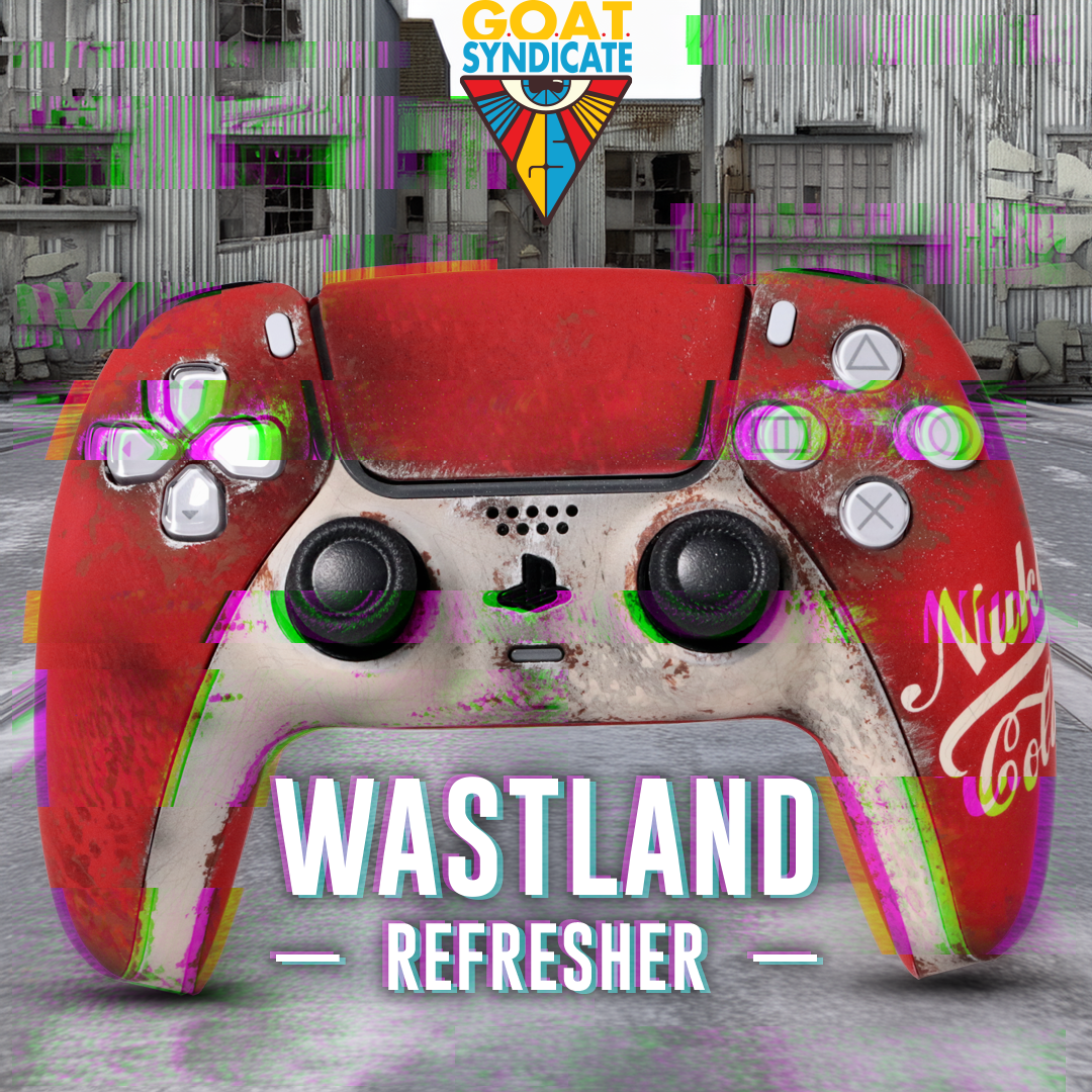 Gaming controller with red and white design, 'Wastland Refresher' text, and 'GOAT Syndicate' logo.