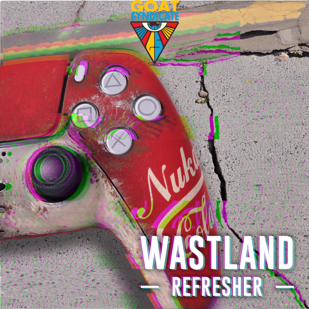 Colorful gaming controller with 'Nuked' branding on a textured surface, featuring 'GOAT Syndicate' logo.
