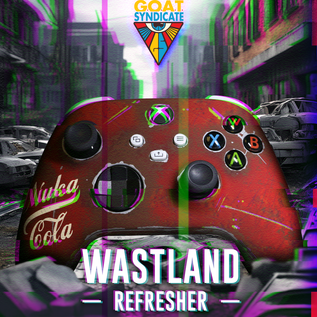 Gaming controller with 'Nuka Cola Wasteland Refresher' design, set against a dystopian cityscape background.