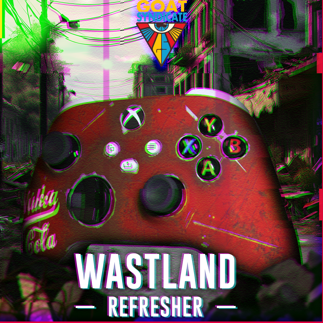 Red gaming controller with 'Wastland Refresher' text, colorful background