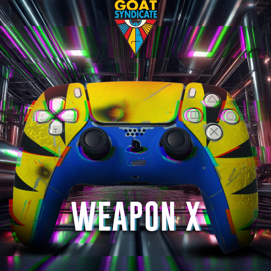 Colorful gaming controller with 'Weapon X' text and 'GOAT Syndicate' logo in a futuristic setting.