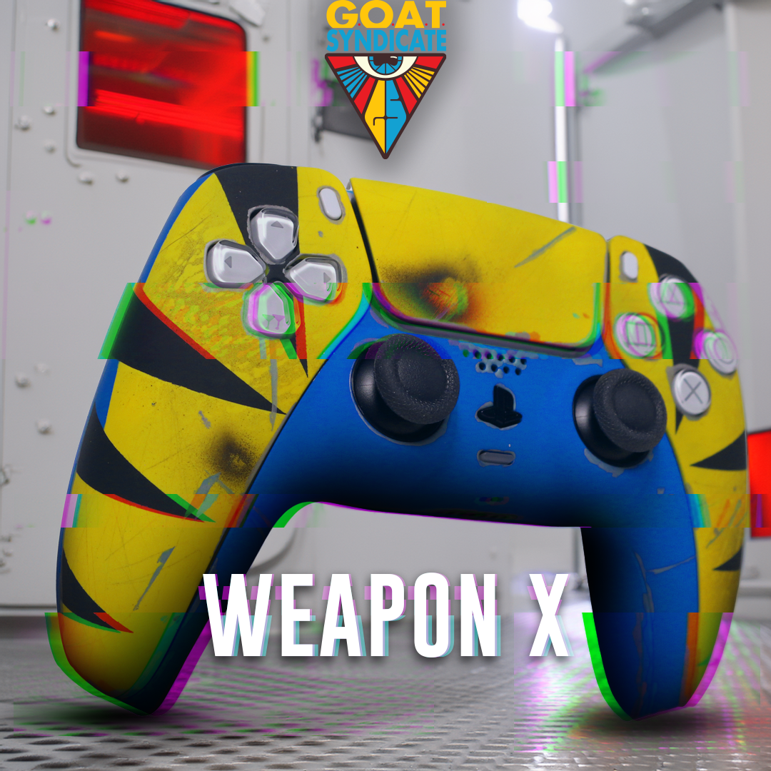 Colorful gaming controller with 'Weapon X' text and 'GOAT' logo in the background
