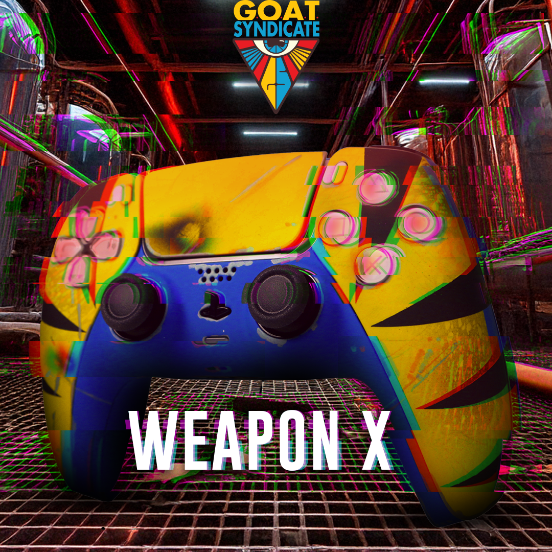 Colorful gaming controller with 'Weapon X' text and 'GOAT Syndicate' logo in a futuristic setting.