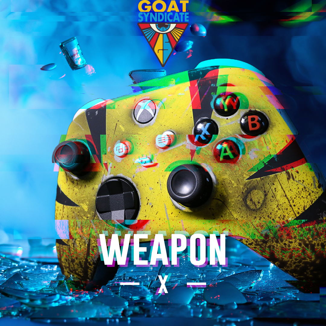 Colorful gaming controller with 'Weapon X' text and 'GOAT Syndicate' logo on a blue gradient background