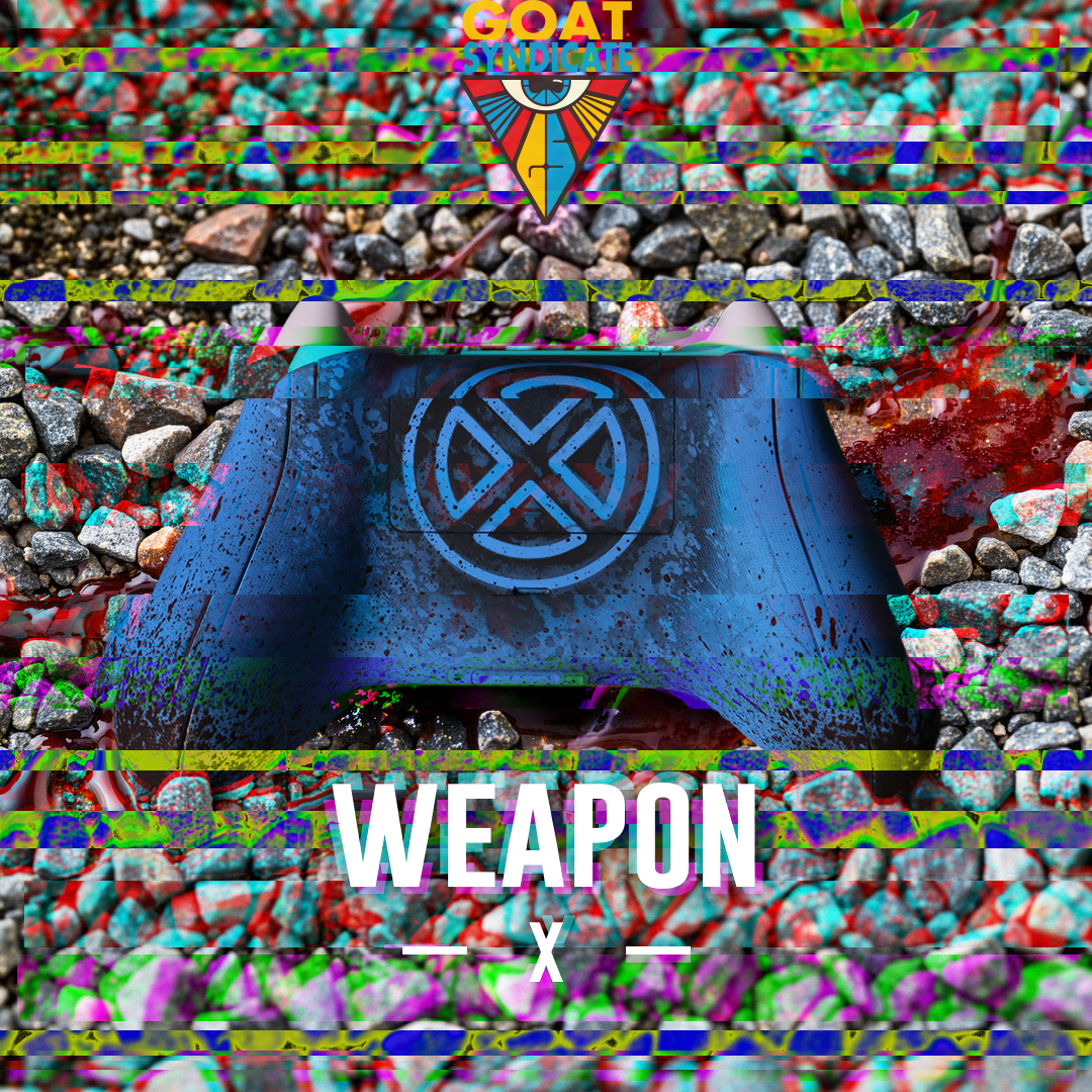 Album cover with a blue object labeled 'Weapon X' on a colorful, textured background.