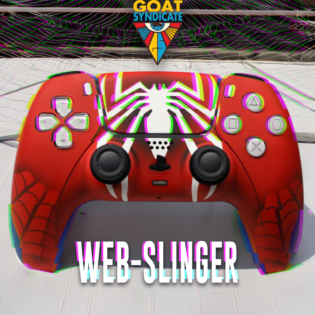 Red and black gaming controller with spider web design on a white background, featuring the 'GOAT Syndicate' logo.
