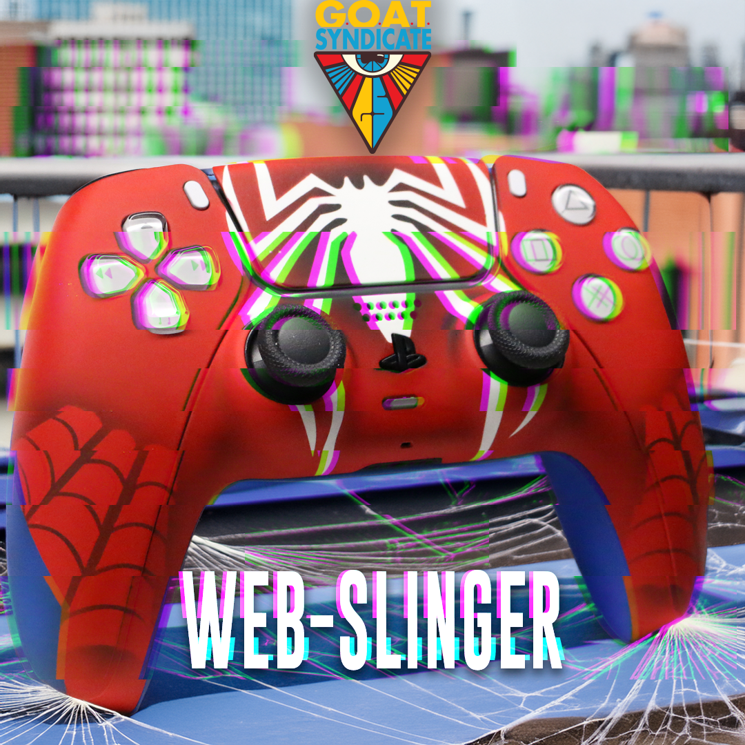 Colorful gaming controller with spider web design and 'GOAT SYNDICATE' logo in the background.
