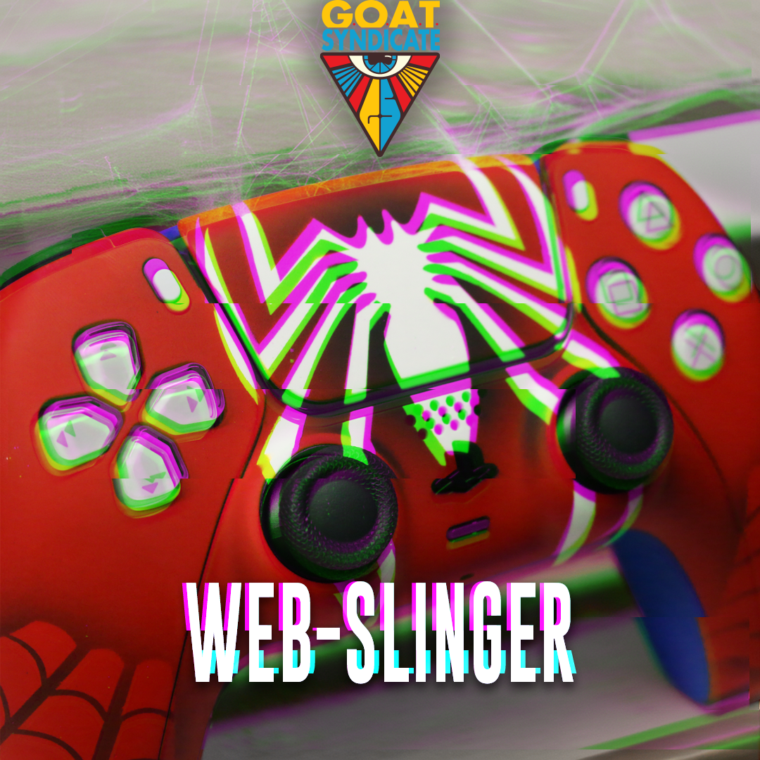 Colorful web slinger toy with 'GOAT' branding and spider design.
