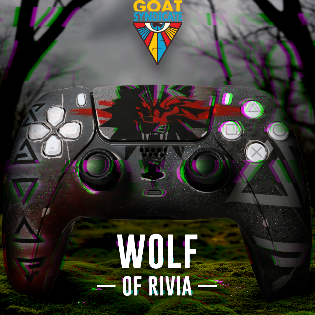 Gaming controller with 'Wolf of Rivia' design on a dark background