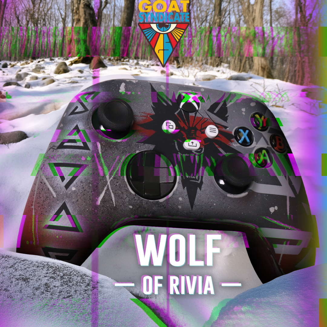 Gaming controller with artistic design in a snowy landscape, featuring the brand 'GOAT'.